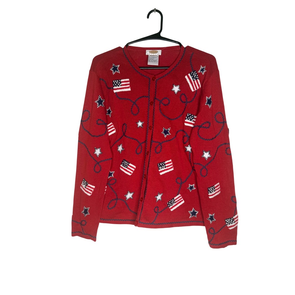 Talbots Petite M Patriotic Linen Blend  Cardigan Sweater Red American Flag